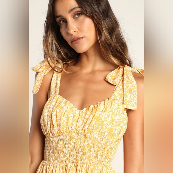 Lulu's | Saturday Sweetie Yellow Floral Tie-Strap Mini Skater Dress - Picture 3 of 7